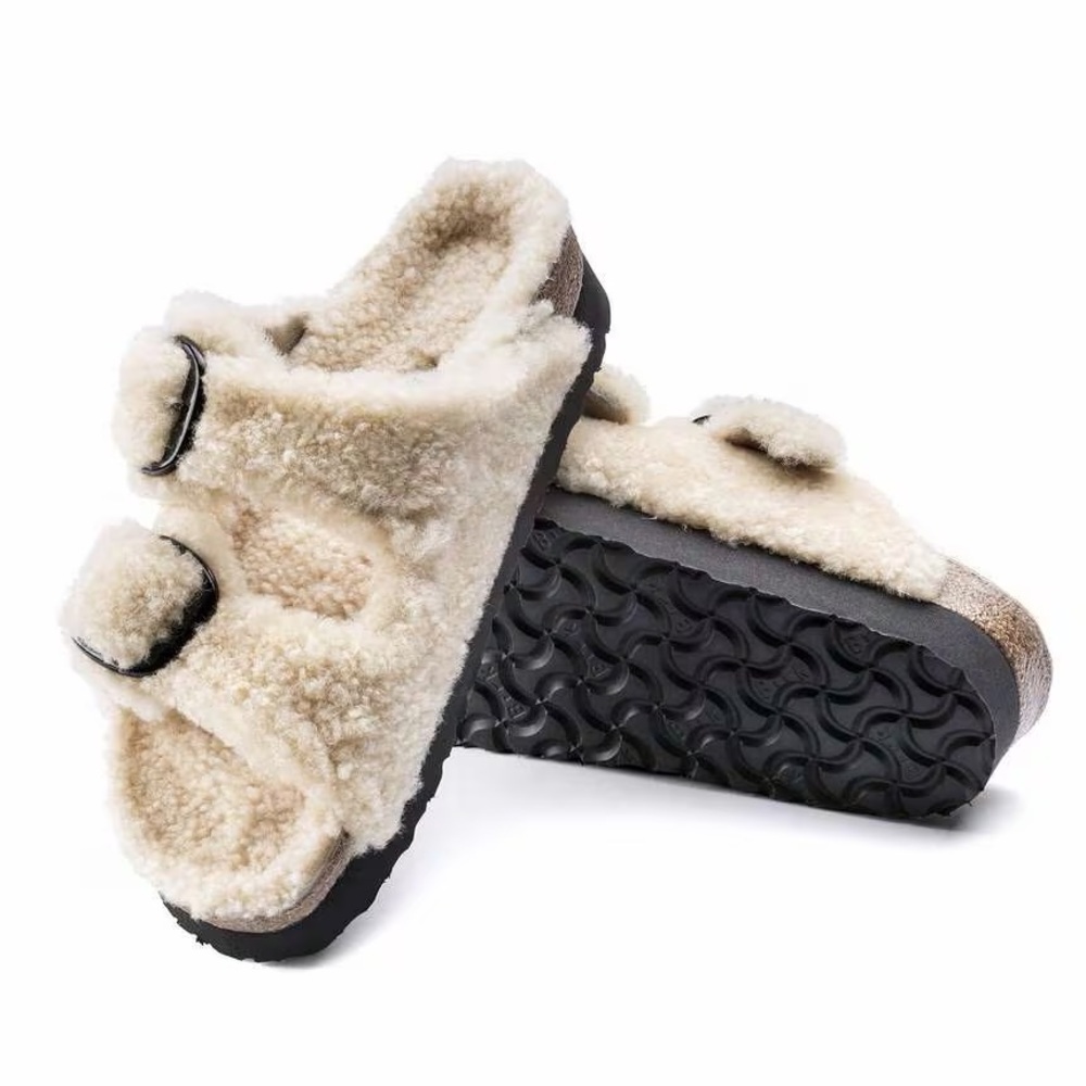 Birkenstock Arizona Shearling Two-Buckle Slide Sandals - Cream/Black Sole
